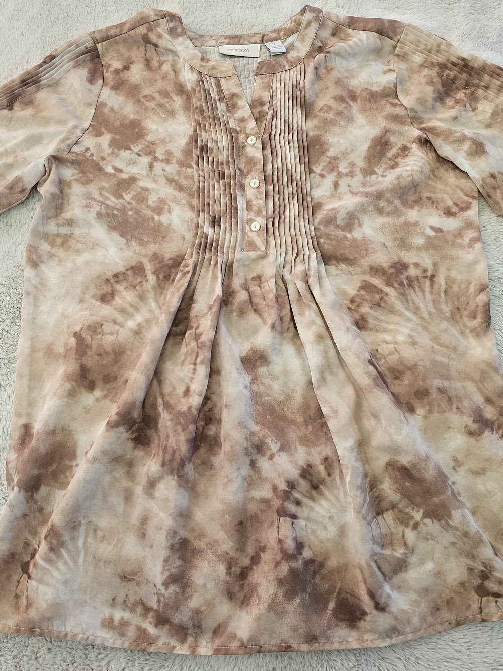 Chico's Tie-Dye Pintuck Peasant Blouse in Brown and Cream Med